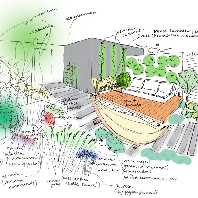 Conceptuele tuinontwerp met een hangmat en vaste planten.